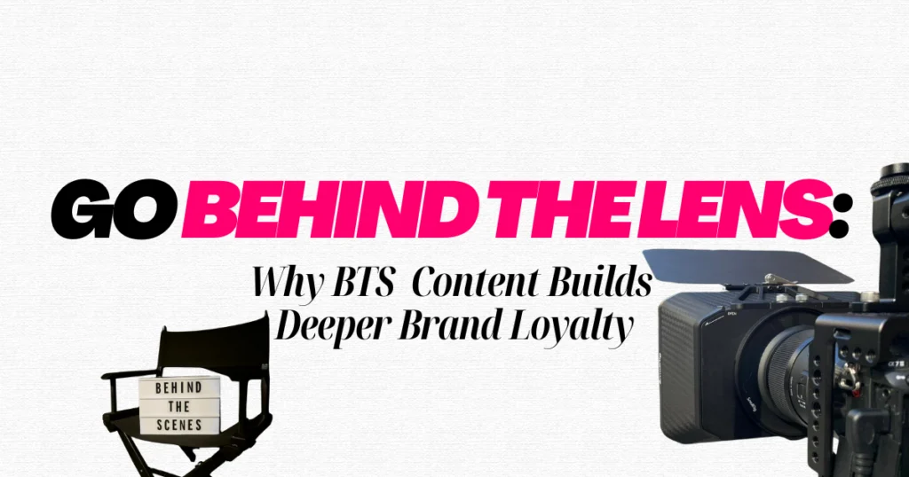 Camera and director’s chair with “Behind the Scenes” text promoting BTS marketing content.