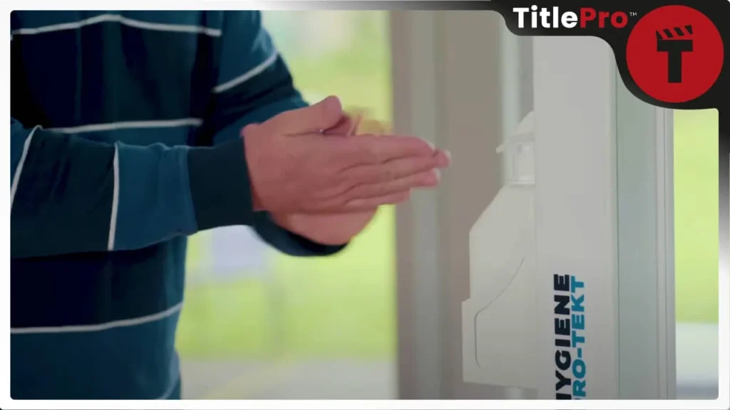 Close-up of a person sanitizing hands using a Hygiene Pro-Tekt dispenser.