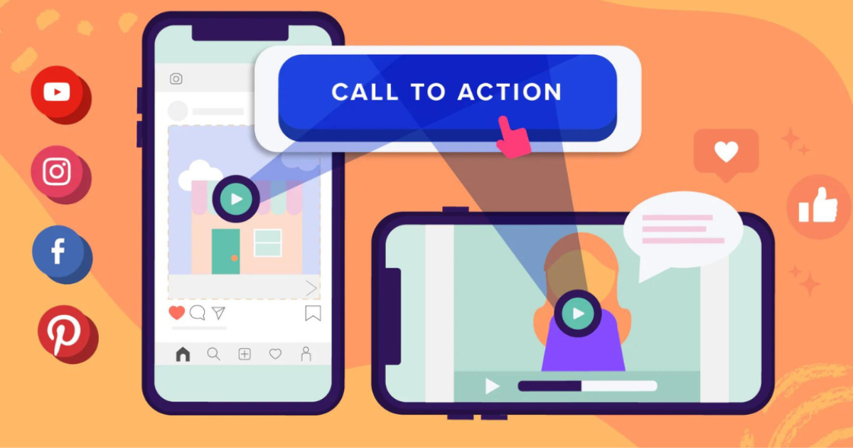 Call-to-action button illustration on mobile devices with social media icons