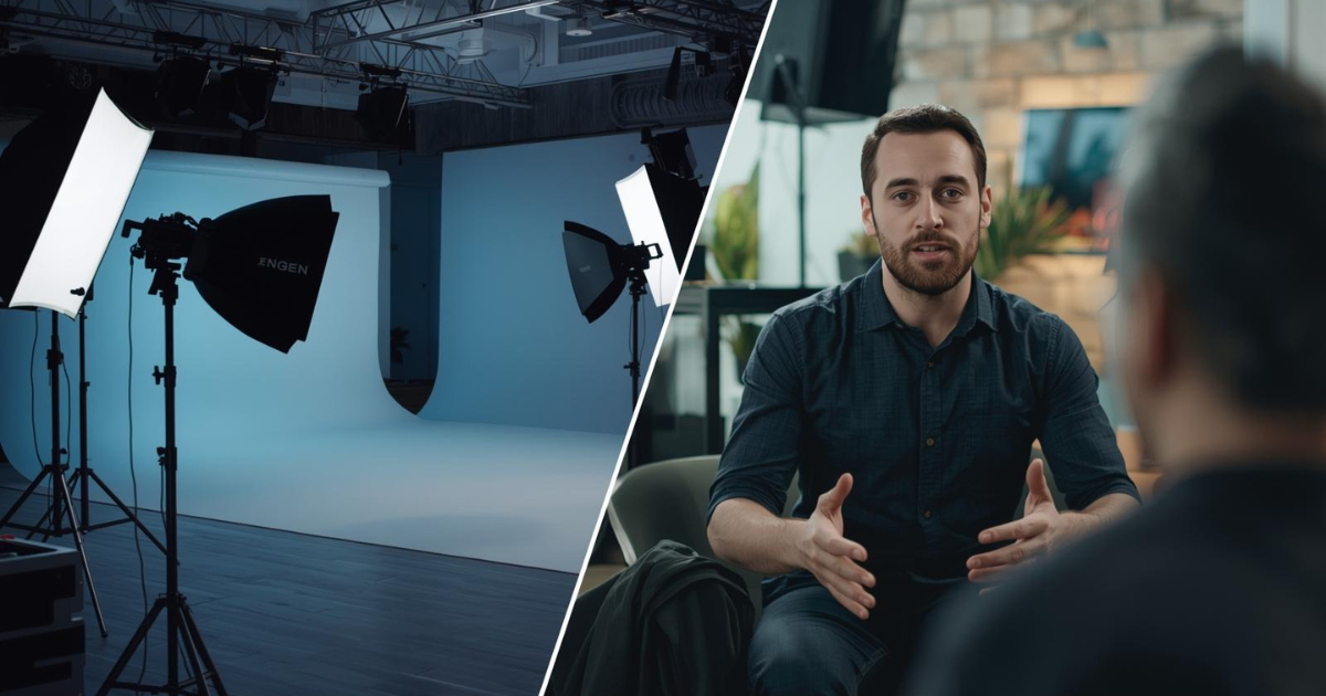 Video production studio setup with lighting and a man in conversation on camera