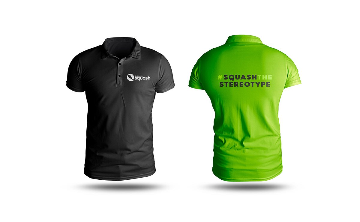 England Squash polo shirts with the campaign slogan on the back.