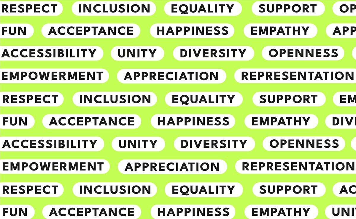 Repeated words of positivity and inclusivity on a bright background.