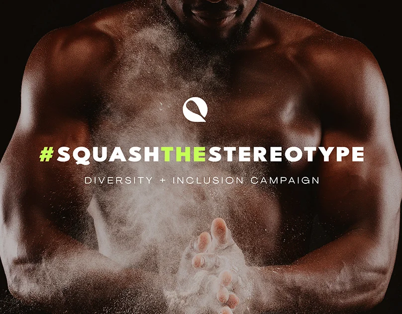 Close-up of a squash player’s arms with chalk powder and the campaign slogan.