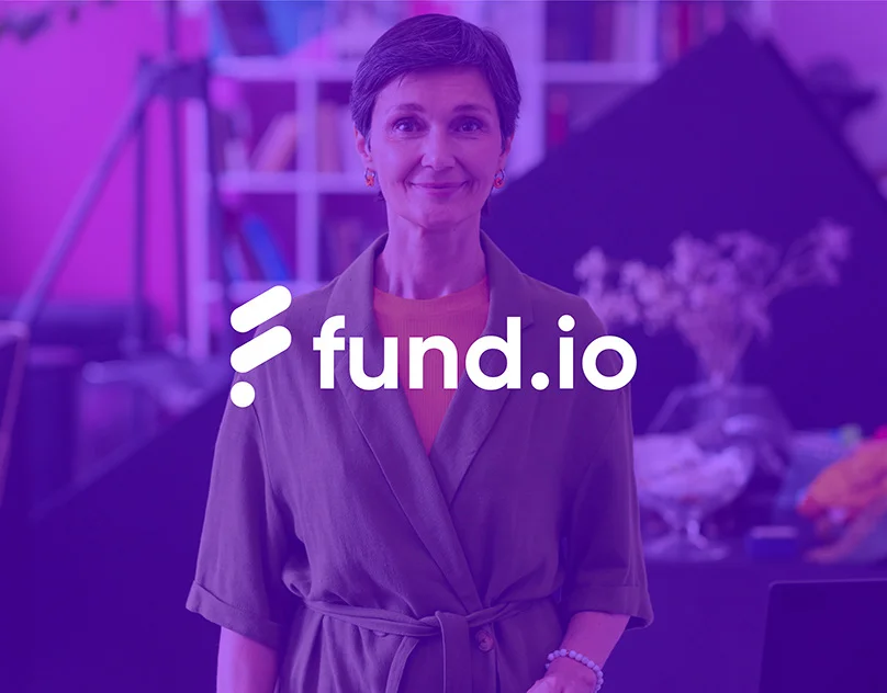 Fund.io branding featuring a woman standing confidently with a purple overlay background.
