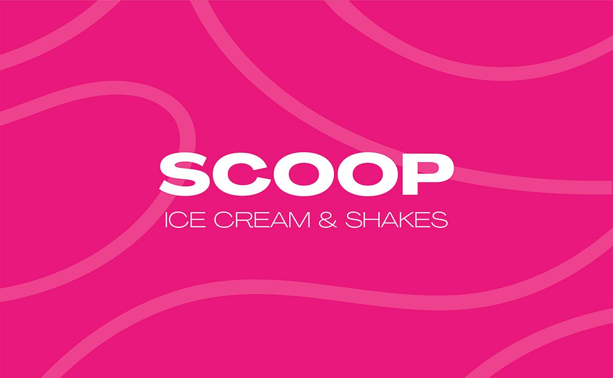Pink background with white Scoop Ice Cream & Shakes logo.