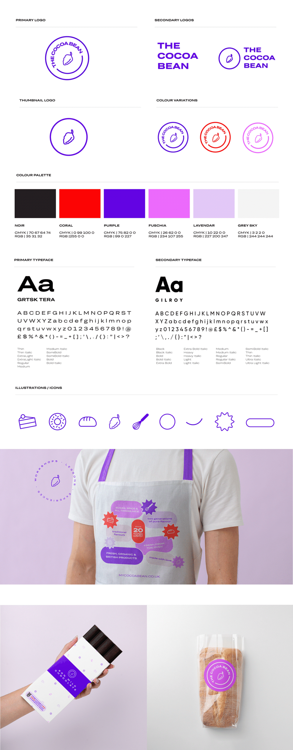 Cocoa Bean branding sheet with logos, color palette, typography, and packaging samples.