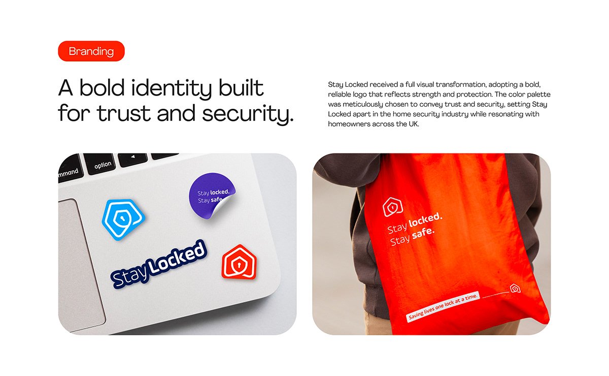 Stay Locked brand guideline slides with colors, logos, and packaging examples.