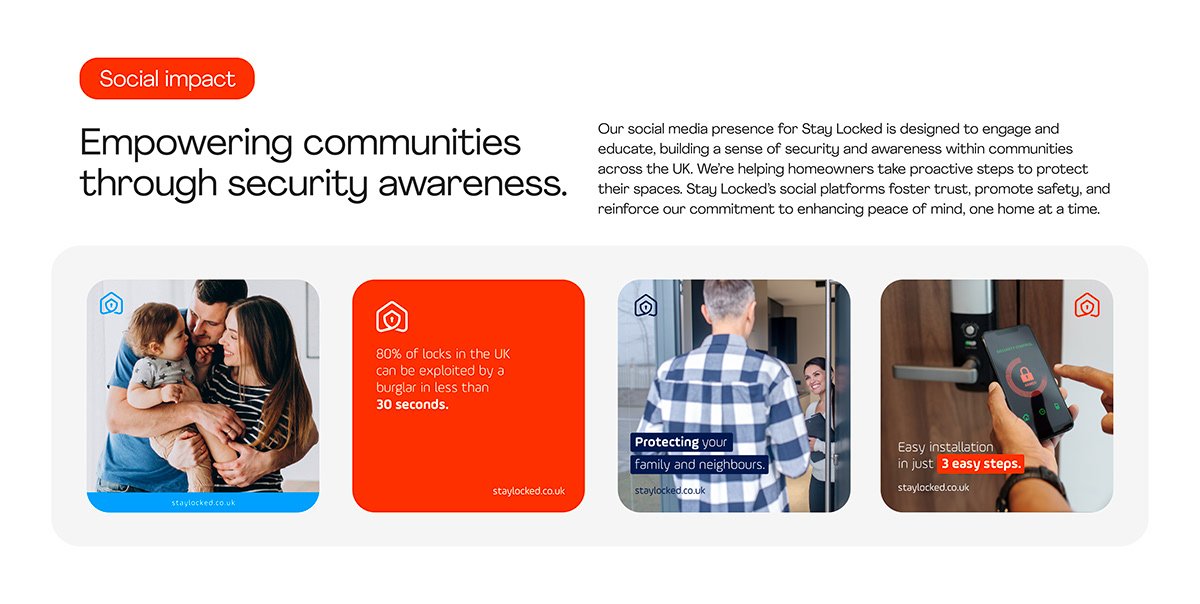 Stay Locked social campaign graphic showing a family, a lock installation, and safety awareness message.