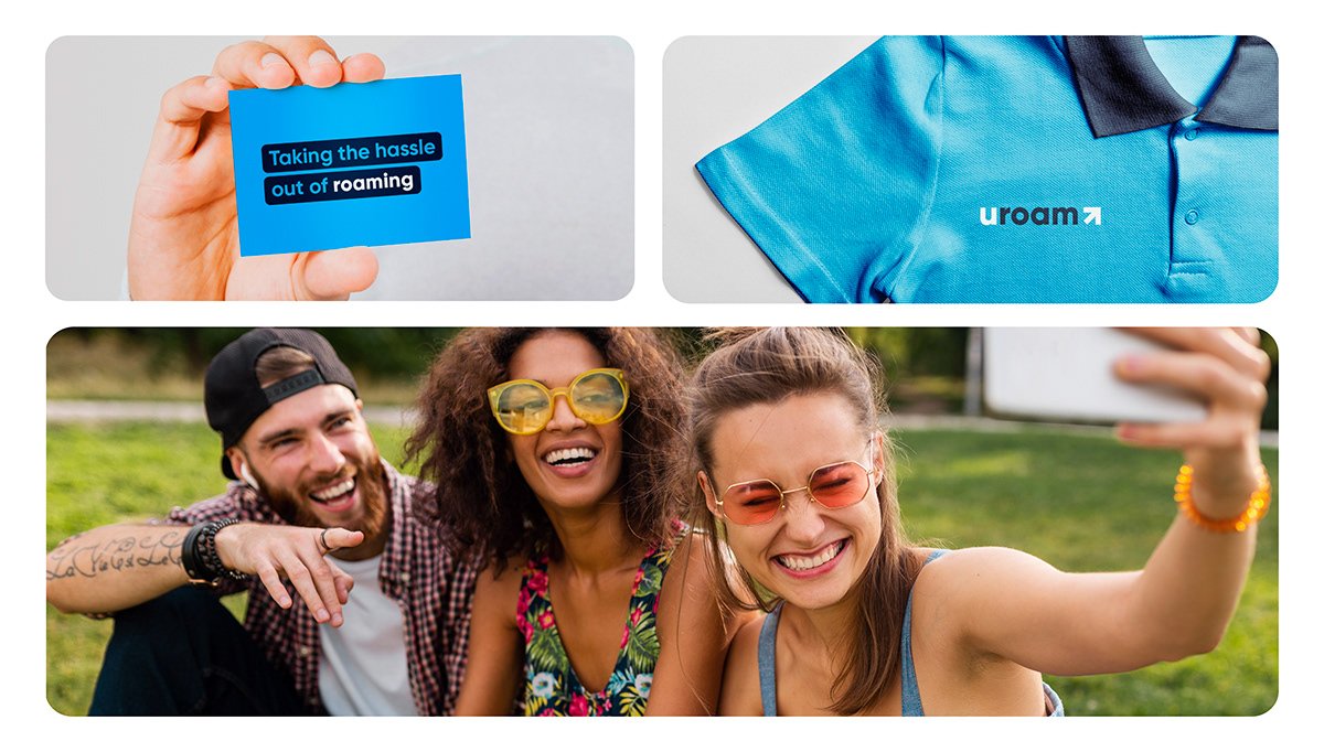 Branded Uroam card, polo shirt, and friends taking selfies.