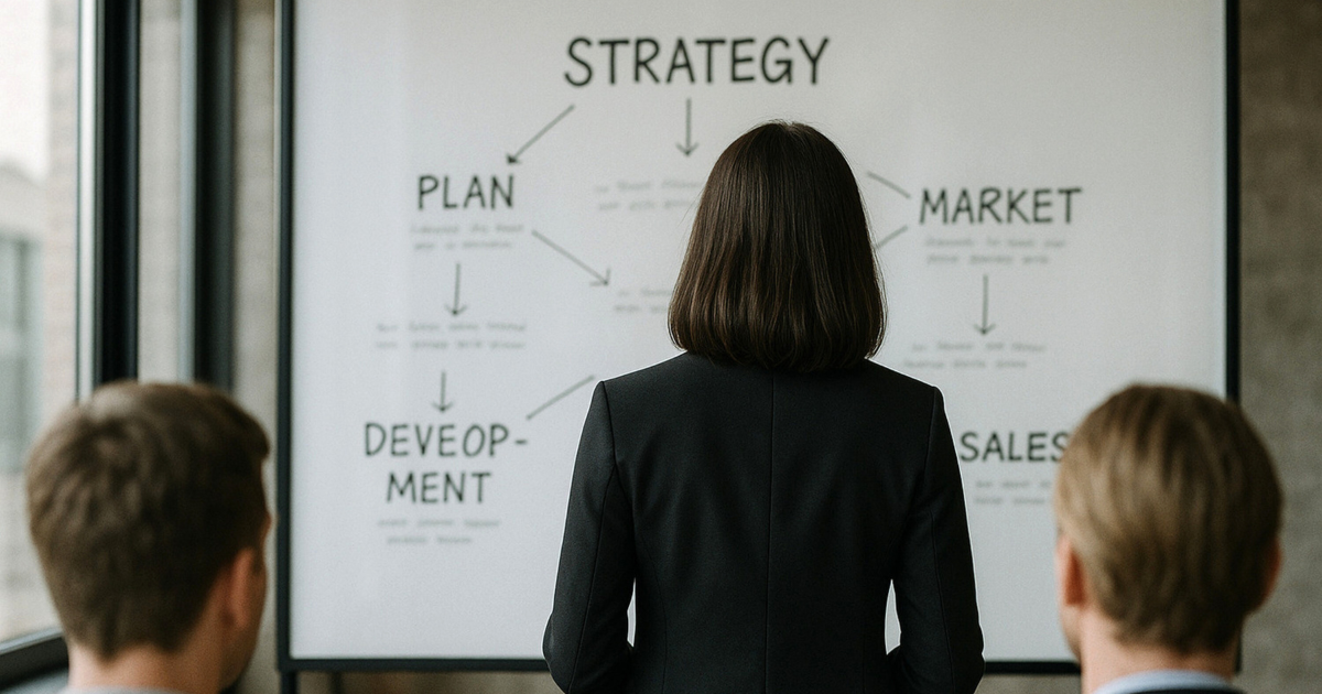Business professional presenting a strategy board showing plan, development, market, and sales concepts.