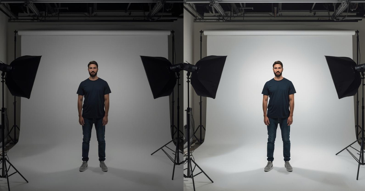 Before and after studio lighting comparison showing professional lighting improvement by Title Productions.