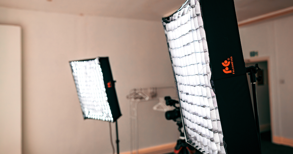 Softbox lighting equipment setup for professional studio video production by Title Productions.
