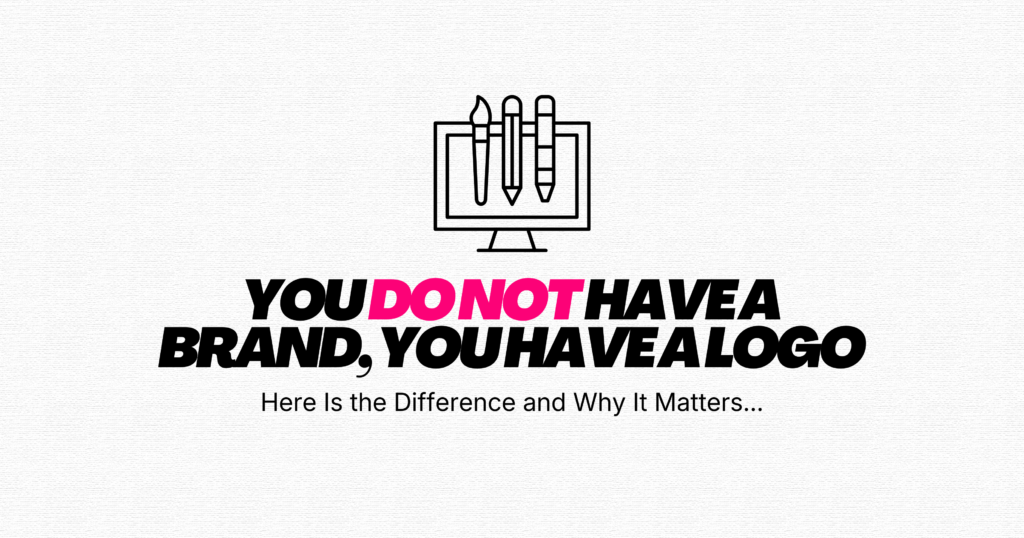 Computer screen displaying design tools with bold text about branding, representing the difference between a logo and a full brand identity.