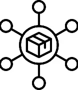 Icon showing a central box connected to multiple nodes representing content distribution across different channels.
